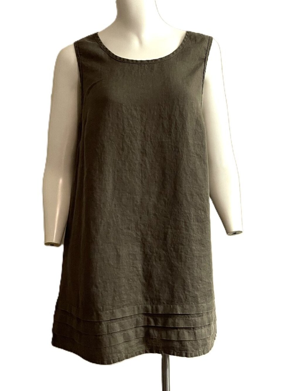 FLAX 100% Linen Tunic Top Small (6-10) Green Lagenlook Tuck Pleats Pullover